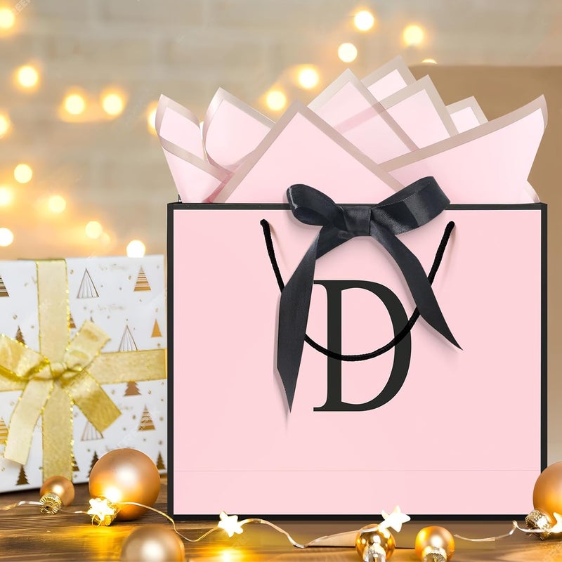 QLSKO Personalized Initial Paper Bag for Women Grils,Monogrammed Gift Bag with Bow Ribbon,Wrapping Tissue and Card Matching Envelope Sticker (Pink, D-Medium) - Image 4